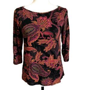 J JILL Wearever Collection Stretch Top Blouse Womens XS Petite Black Paisley